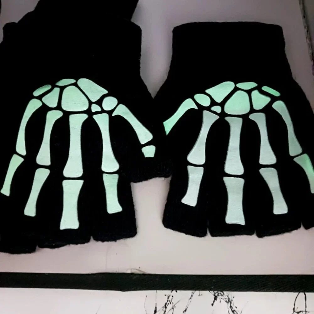 Skeleton Print Fingerless Goth Gloves-Black TWO Pair Unisex New